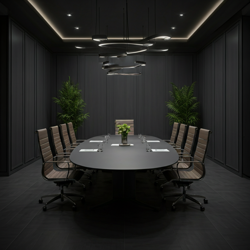 Sleek corporate board room with minimalist design.